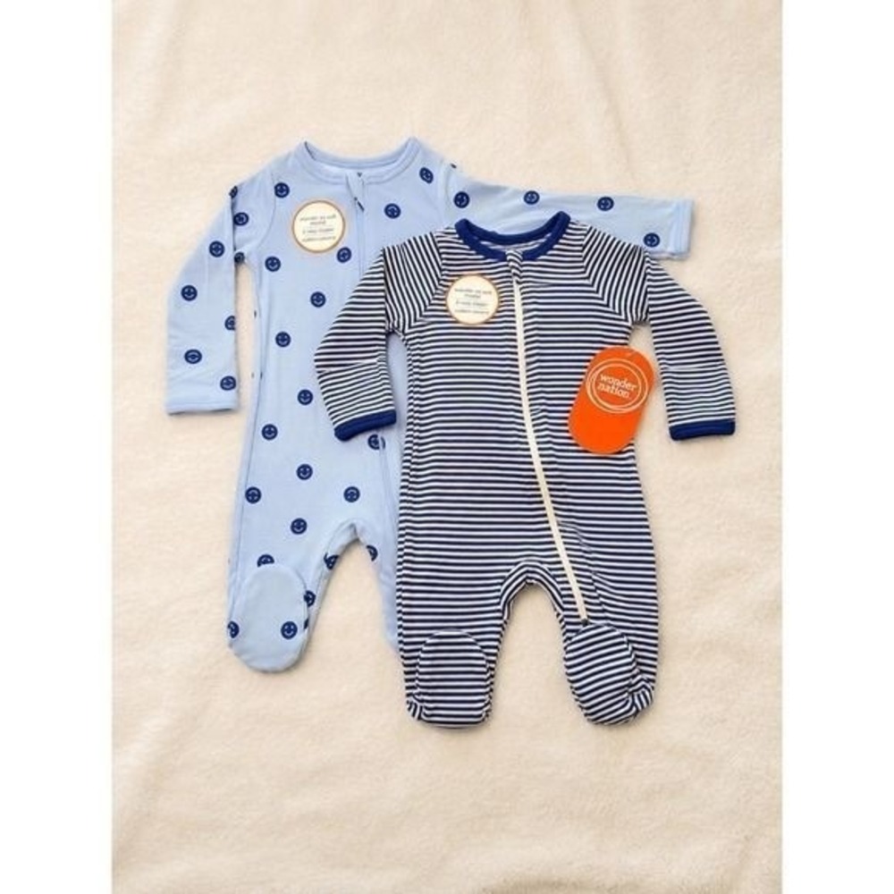 Wonder Nation Baby 0-3M Modal 2-Way Zip Footed Sleepers Smiley Stripe 2PK